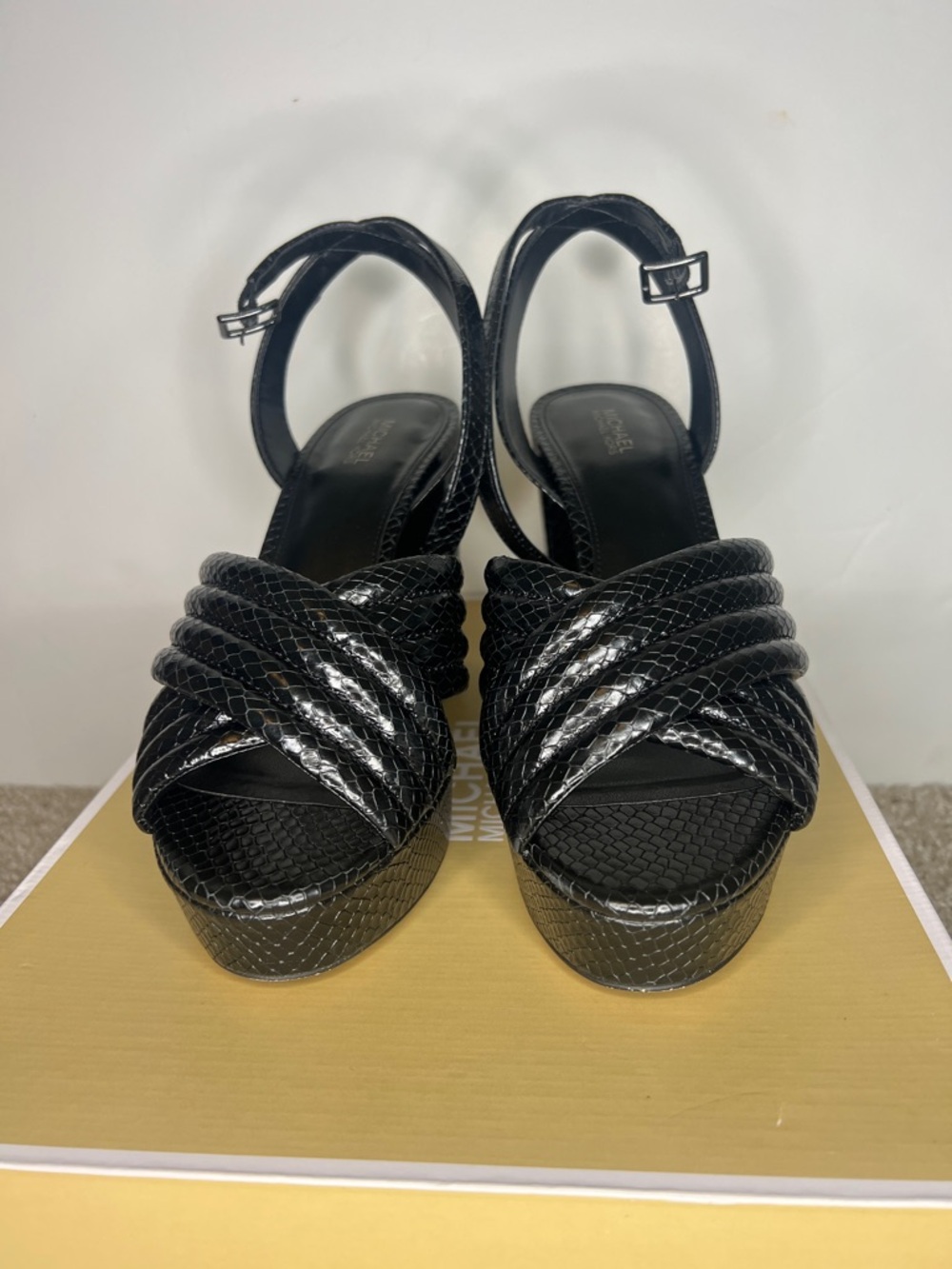 Michael Kors Black Braided Platform Sandals with Ankle Strap